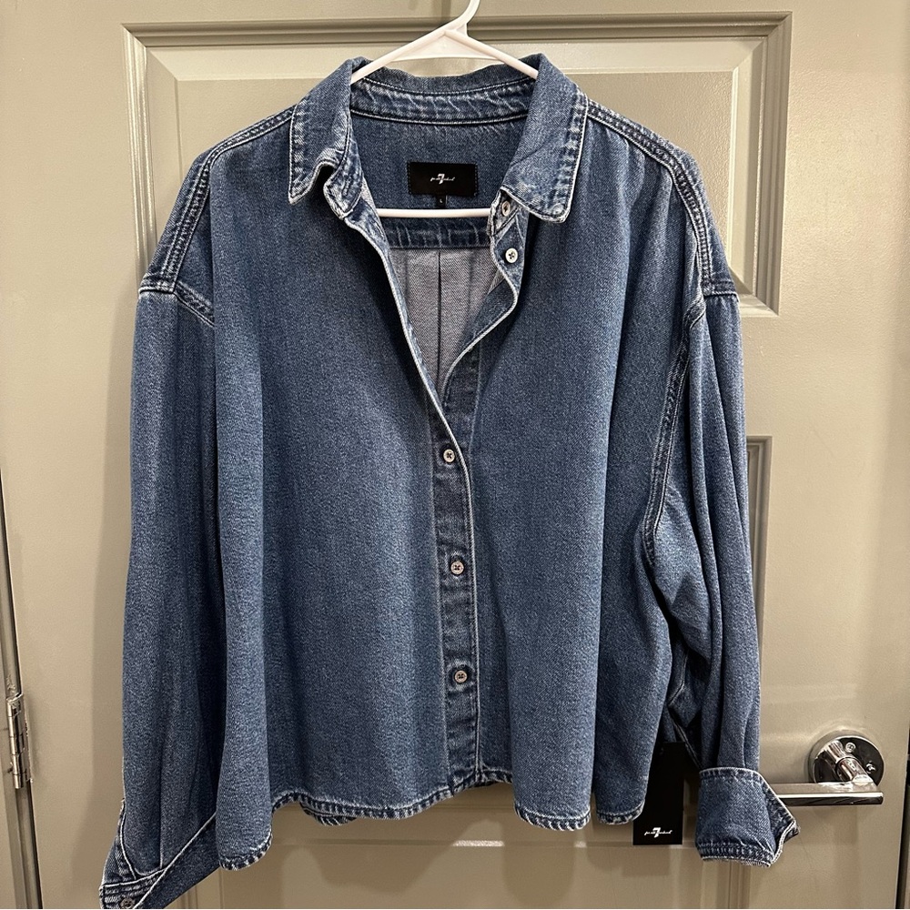 7 For All Mankind Nina Cropped Blue Denim Button-Up Shirt L NWT
